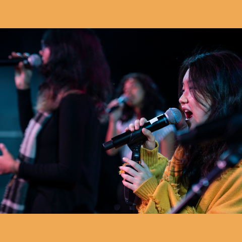 Multiple vocalists singing & holding wireless microphones.