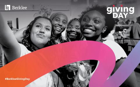 Black and white photo of Berklee students taking a selfie with the Berklee Giving Day logo on the top right corner