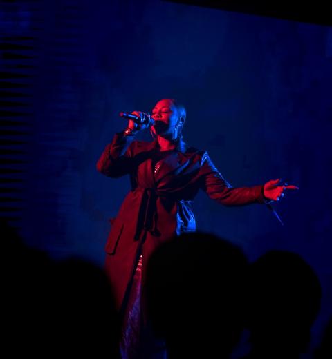 A performer sings passionately on stage, bathed in dramatic red and blue lighting, with one arm outstretched and eyes closed. Silhouettes of an audience are visible in the foreground.